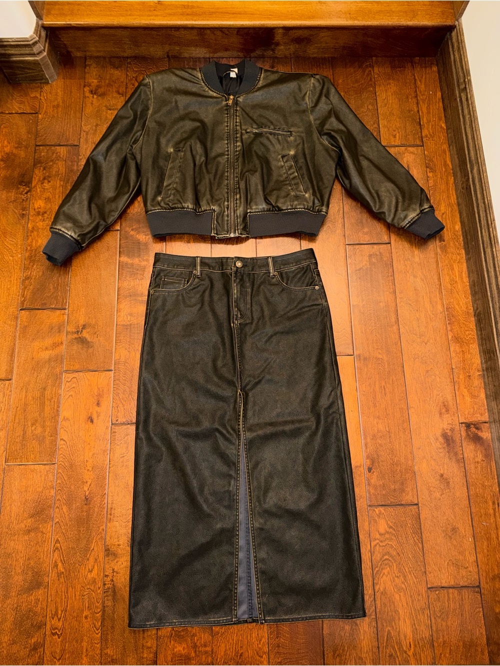 Women's Distressed Brown Faux Leather Bomber Jacket and Maxi Skirt Set